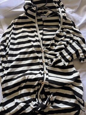 white birch Black and White Striped Hooded Button-Front Top